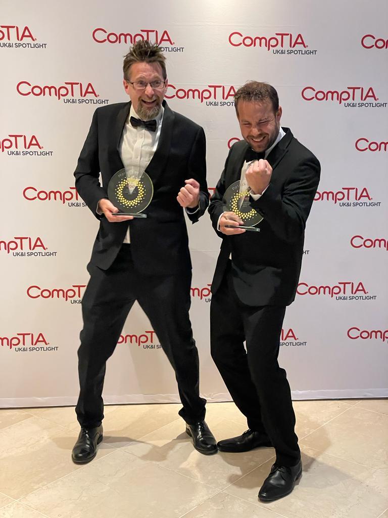 We are pleased to celebrate the success of our Managing Director, Marcus Evans & our Technical Director, Patrick Burgess at the annual CompTIA UK&I Spotlight Awards. Marcus took home the award for Future Leader & Patrick received the UK&I Cybersecurity Leadership Award. Go team!