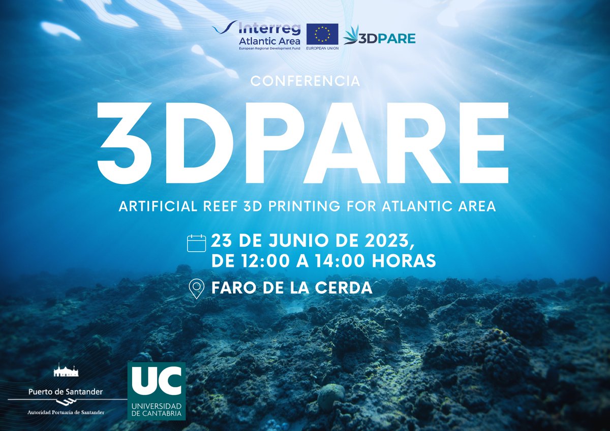 Recuerda‼️ 

23 de junio #FarodelaCerda #conferencia #3DPare sobre inserción de arrecifes artificiales impresos en #3D en la bahía para estudiar la regeneración de las costas

Inscripción gratuita: mcrespo@puertosantander.com 

#AtlanticArea #Interreg <a href="/unican/">Universidad de Cantabria</a> <a href="/IHCantabria/">IHCantabria</a> #APS