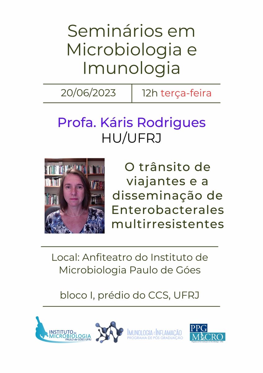 bibimpg_ufrj's tweet photo. 🚨 HOJE, a palestra "O trânsito de viajantes e a disseminação de Enterobacterales multirresistentes", será ministrada pela Profa. Káris Rodrigues (HU/UFRJ).
#microbiology #microbiologia #imunologia #immunology #microrganismos #microorganisms #enterobacterales #bactérias #impg https://t.co/kvYi4XdTMH