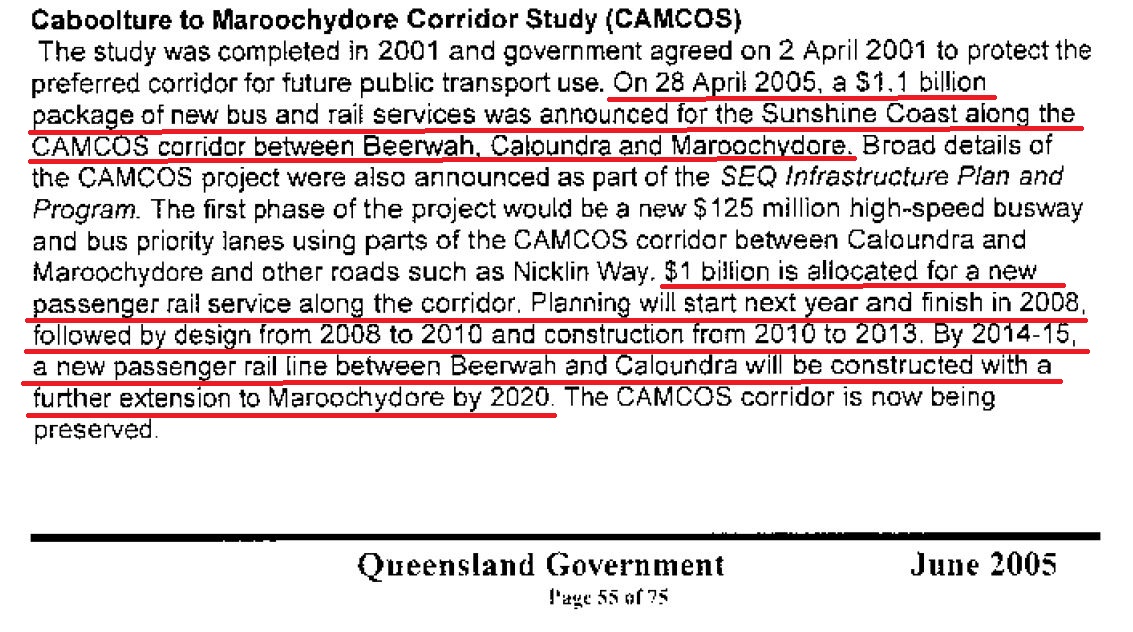 #RAIL #NEWS 
CAMCOS first announced 28 April 2005
$1 billion is allocated for a passenger rail service
Described as $1.1 billion package of bus & rail services for #SunshineCoast along #CAMCOS corridor betw. Beerwah, Caloundra & Maroochydore
Jun '05, 7 Years of Beattie Govt, p55