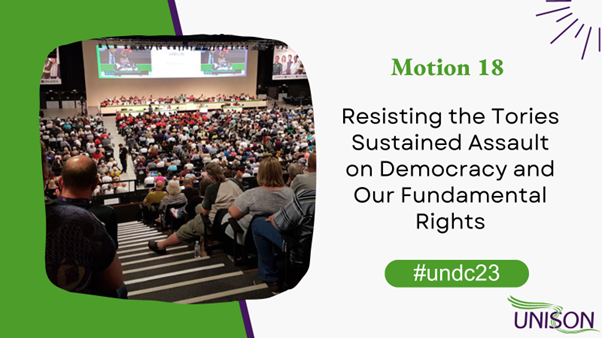 KCLUnison's tweet photo. @UNISONEastern @SuffolkUNISON @UnisonRen Conference is now discussing Motion 18: 'Resisting the Tories Sustained Assault on Democracy and Our Fundamental Rights'
Submitted to conference by @UNISONSW (South West Region)
#undc23 #motion18 https://t.co/y0UTcM4Xpi