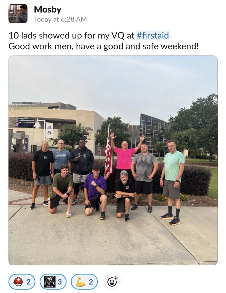 Outstanding Q Mosby!  Way to lead us at First Aid ⛑️ and get the weekend started right.  ⁦<a href="/F3ENC/">F3ENC Crossbones</a>⁩ ⁦<a href="/ddamm02/">David R. Damm</a>⁩