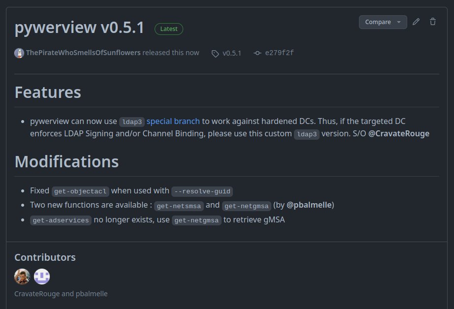 drm (@lowercase_drm) on Twitter photo A new version of pywerview has been released! The tool can now work against DC with Channel Binding and LDAP Signing. s/o <a href="/rouge_cravate/">@Cravaterouge.bsky.social</a>
github.com/the-useless-on…
🌻 A new version of pywerview has been released! The tool can now work against DC with Channel Binding and LDAP Signing. s/o <a href="/rouge_cravate/">@Cravaterouge.bsky.social</a>
github.com/the-useless-on…
🌻