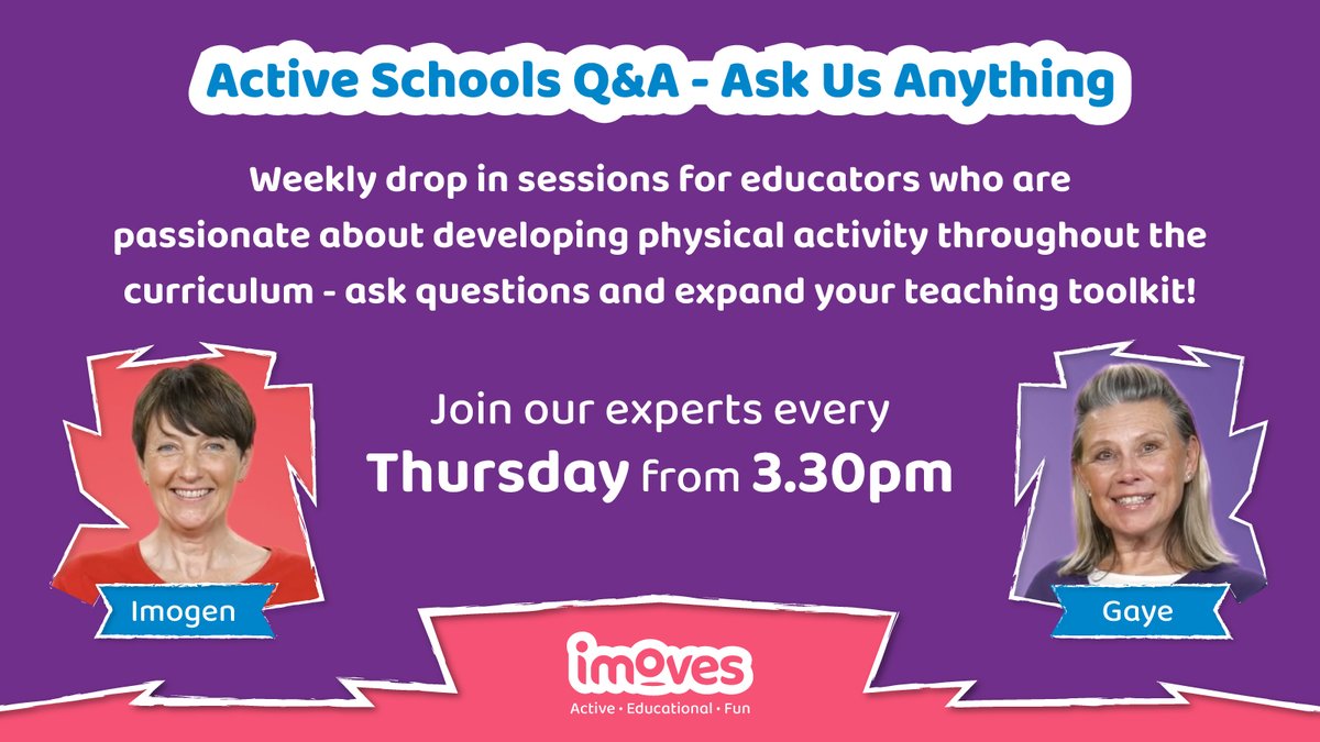🗣️ Our weekly drop-in sessions are designed for YOU!  Ask us questions about your PE curriculum, Dance, Pilates, Active Learning & even get advice on developing Active Play Zones. Reserve your slot here -calendly.com/imogen-imoves/… 🌟🌱🏀  #TeacherSupport #ActiveSchools #Active30