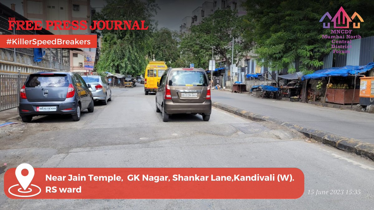 #KillerSpeedBreakers @mybmcWardRS Speed Breaker Near Jain Temple, GK Nagar, Shankar Lane, #Kandivali (W).RS ward, is in a bad condition & is unsafe for motorists to use. Please get this repaired. #Mumbai If you have similar #complaints then reach out to us below with the…