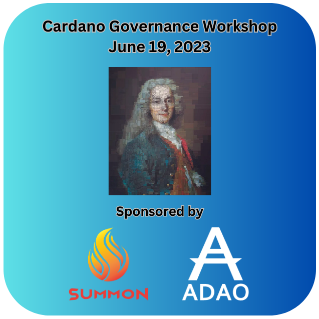 We are looking to include more voices in our virtual #Cardano Governance Workshop that we are sponsoring with <a href="/ADAOcommunity/">ADAO</a>.

🔥 Date: Monday, June 19 
🔥 Time: 4 - 7 PM UTC / 12 - 3 PM EDT
🔥RSVP: forms.gle/BRM1motn9w39Wc…

Sign up to learn about #CIP1694 and provide your input!