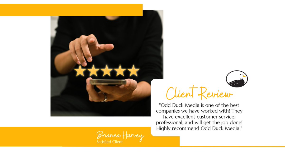 Happy clients make us happy! Thank you Brianna, for the awesome review!

210-920-0706
oddduckmedia.com
#oddduckmedia #oddduck #beanoddduck