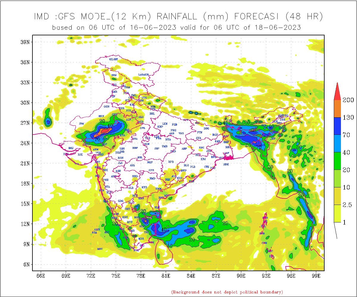 #CycloneBiporjoy moving northeast in the next 48 hours to thrash most parts of south & central #Rajasthan with record breaking rains, some places around #Jodhpur #Udaipur #MountAbu can record up to 250-300mms in a period of 24 hours this can lead to flash #flood. 
1/2
