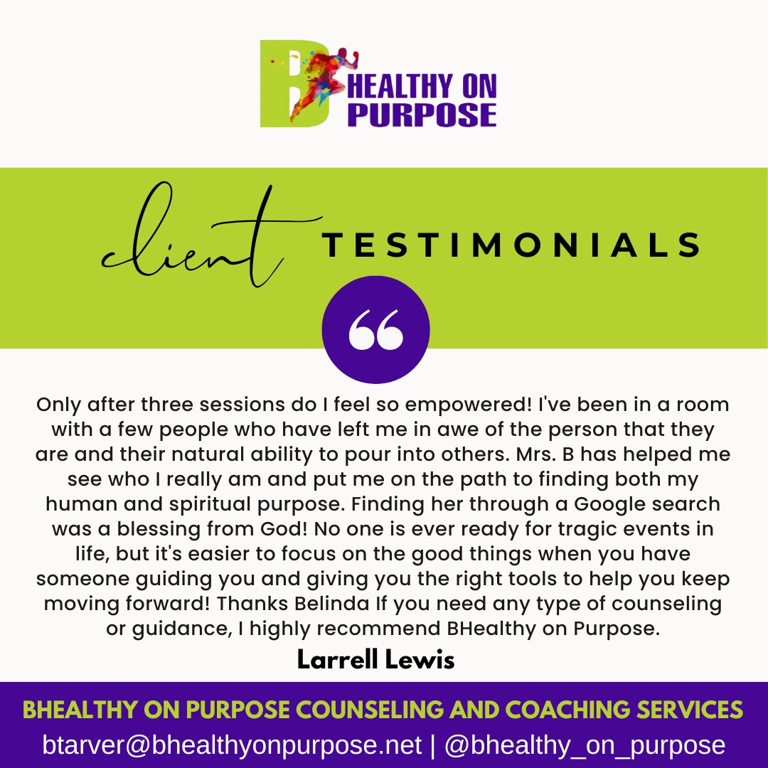 Thank you for taking the time to share your experience with BHealthy On Purpose, Larrell Lewis! We are so pleased to hear that you have had such an amazing experience.

Book Your Appointment Today !

#bhealthyonpurpose #wellnesscoach #healthandwellness #mentalhealth