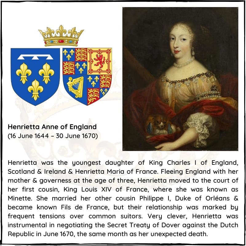 #otd 16 June 1644 – Princess Henrietta Anne Stuart, later Duchess of Orléans was born (d. 1670)

She was the youngest daughter of King Charles I of England, Scotland & Ireland & Henrietta Maria of France.

#Royalhistory #Britishhistory #Britishmonarchy #houseofstuart