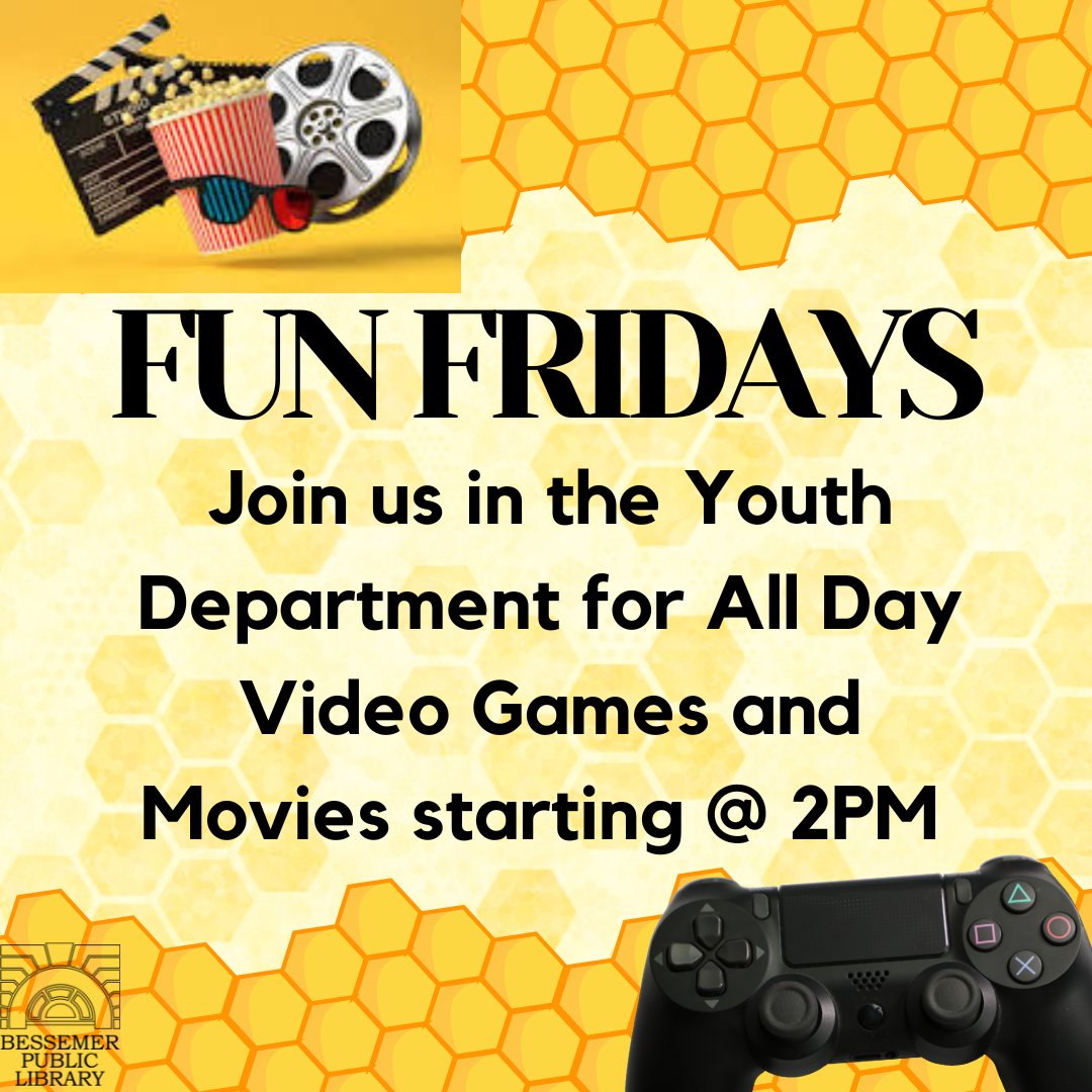 It's Fun Friday! Every Friday we will have movies and open video gaming for all youth.
Hope to see you there!
#besslibrary #bessemer #movies #gaming #funfridays #libraryfun #youthactivities