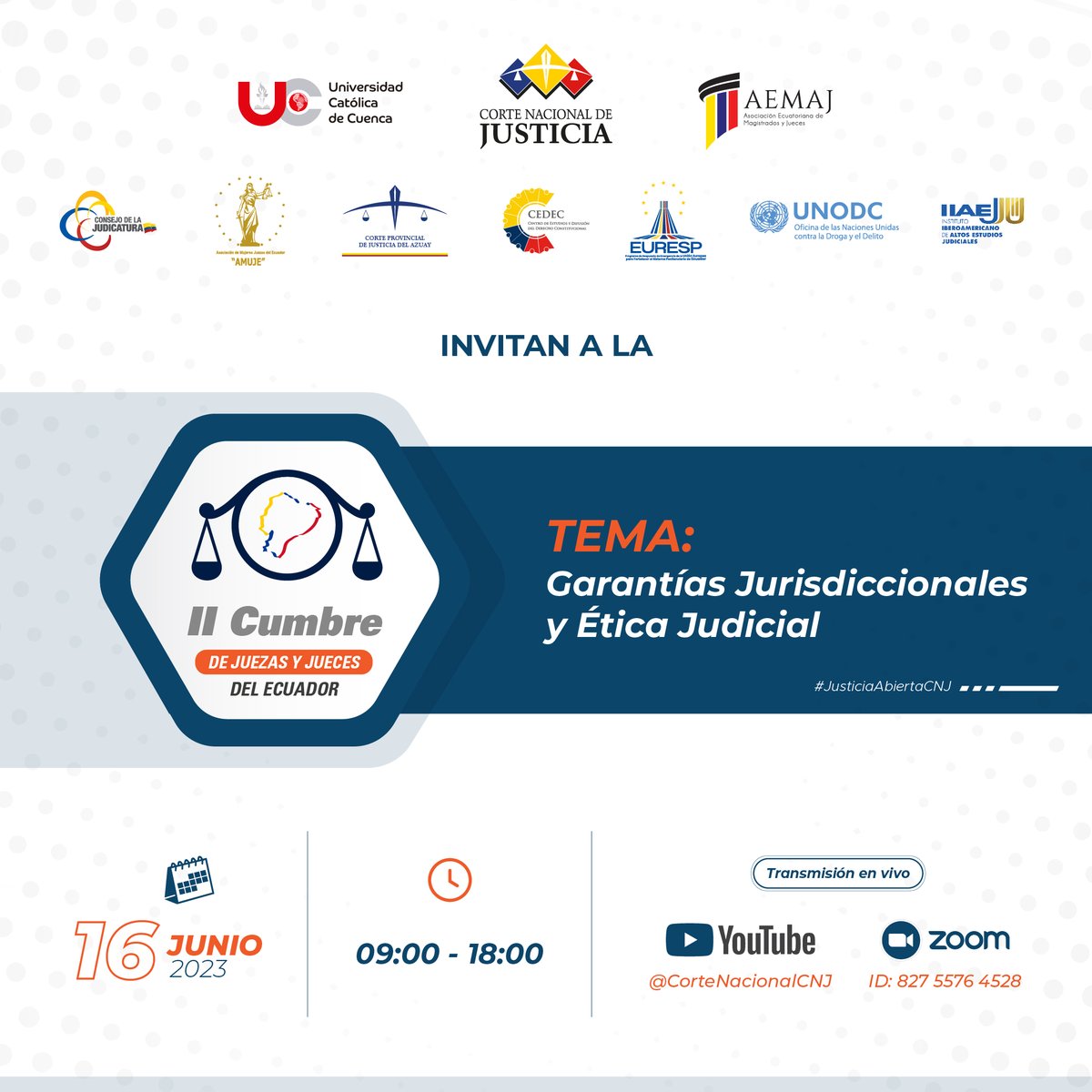 ⏰ #EnMinutos | Inicia acto inaugural de la II Cumbre de Juezas y Jueces del #Ecuador, con el tema: 'Garantías Jurisdiccionales y Ética Judicial'. #IICumbreEc
📑 Revisa la agenda ➡️ acortar.link/9wvLR5
🎥 Transmisión en vivo ➡️ acortar.link/jIyVVQ