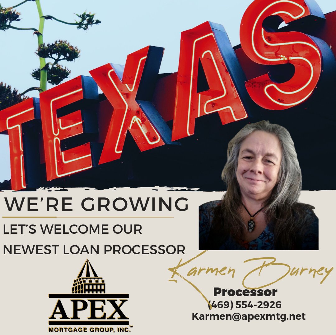Welcoming our newest processor Ms Karmen Burney to the Apex Family! Karmen is out of the DFW area in Texas, and we are proud that she chose our team! #ApexMortgageGroup #LegacyTeam #HereWeGrow