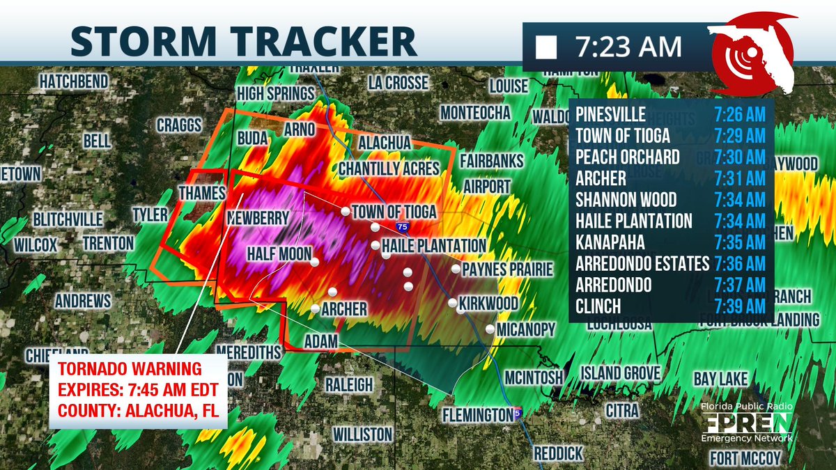 Tornado Warning continues for Gilchrist and Alachua Counties until 7:45 AM. Strong strong rotation near Newberry is capable of producing a tornado and very large hail. Head to your safe spot immediately. Town of Tioga, Archer, and Haile Plantation are in the path.