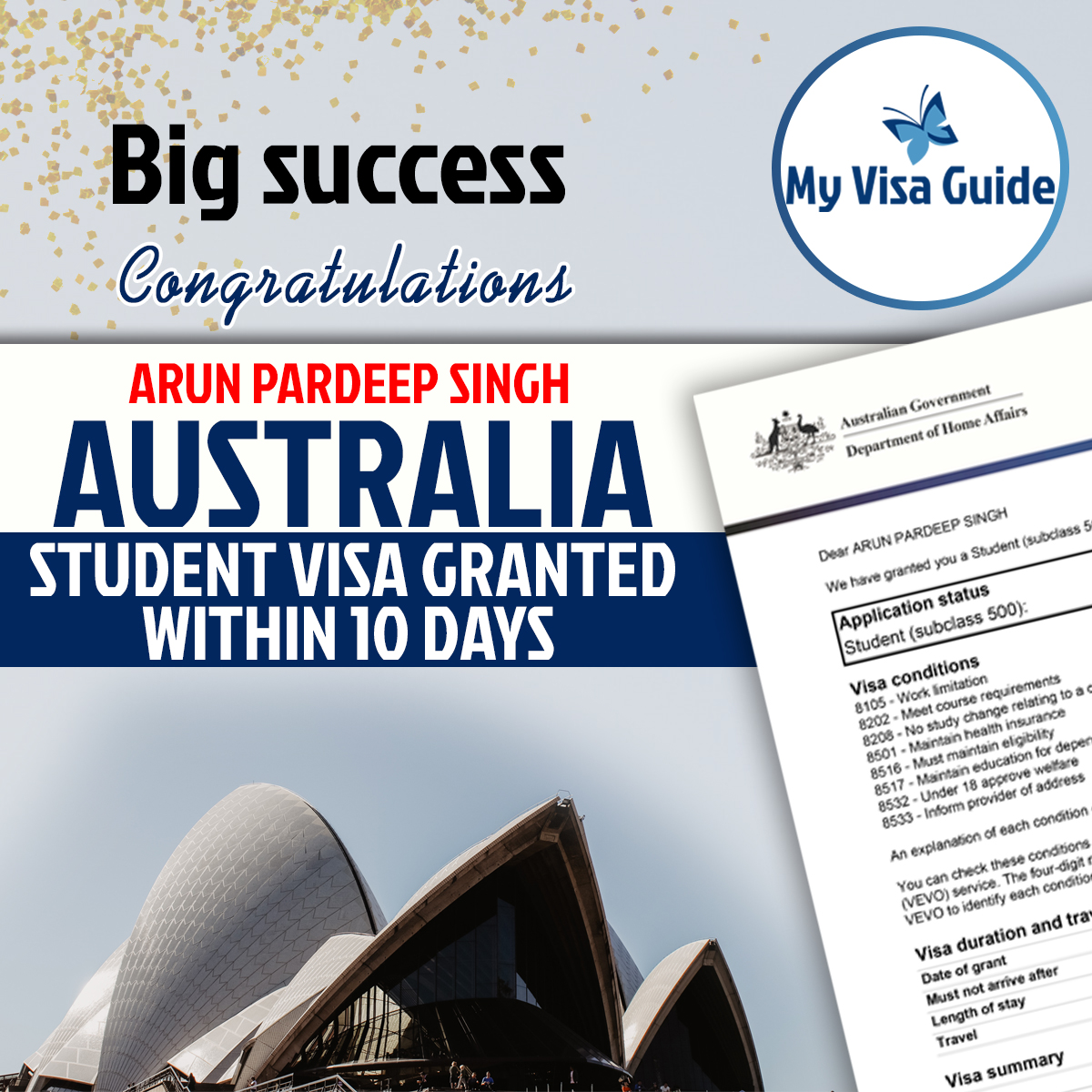 Congratulations ARUN PARDEEP SINGH & Team My Visa Guide for great success.
India
+91 92357-00008, +91 92367-00008
 Australia
+61 - 416582024, +61- 435460607
#australiastudypermit #AustraliaPR #student #UKStudentVisa #canada #australia #sydneyaustralia #canadaimmigration