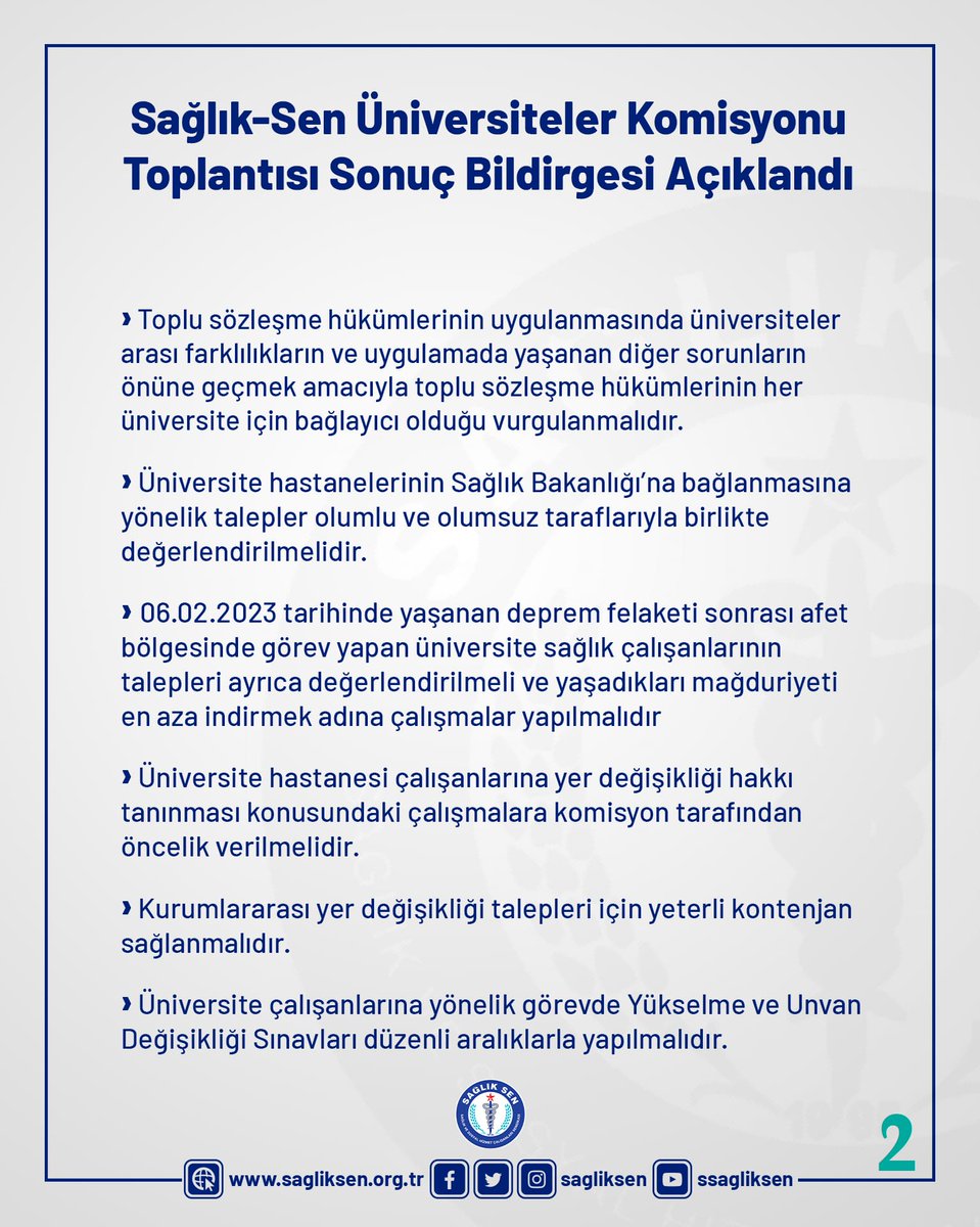 Üniversite hastanelerinde görevli sağlık çalışanlarının sorun, talep ve isteklerinin konuşulduğu, aynı zamanda çözüm önerilerinin sunulduğu Sağlık-Sen Üniversiteler Komisyonu Toplantısı’nın Sonuç Bildirgesi açıklandı. 
⤵️
sagliksen.org.tr/haber/12681/sa…