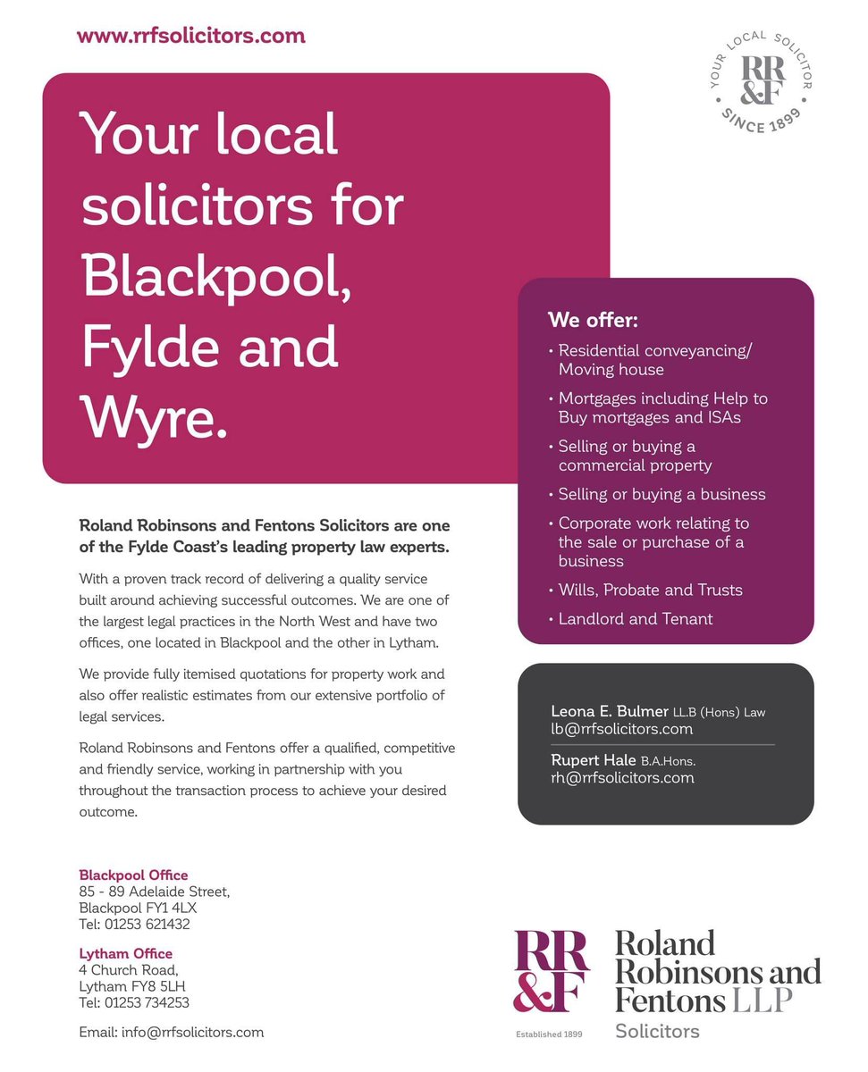 Your local solicitors for #blackpool, #fylde and #Wyre - Roland Robinson and Fentons LLP
They are one of the Fylde Coast’s leading property law experts.

#solicitors #local #movinghouse #property #mortgage #buying #selling #FyldeCoast #propertylaw