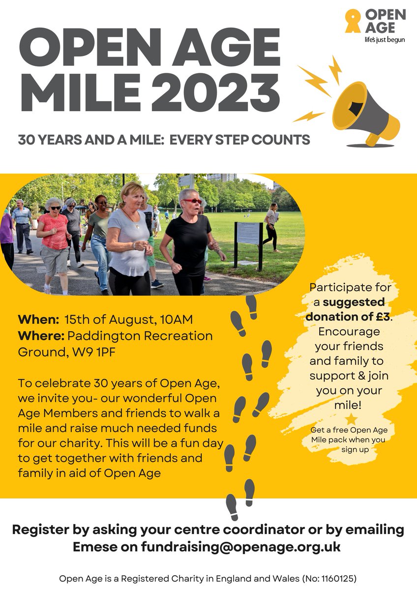@Open_Age Mile 2023📢🚶‍♀️ 

We invite you to #walkamile and raise money for our charity. 🫰
👉Sign up now and register by emailing fundraising@openage.org.uk 

#everystepcounts #walking #maketodayactive