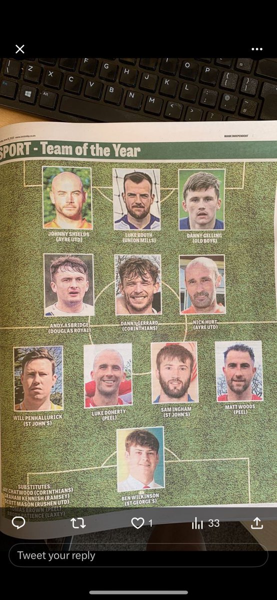 Congratulations to Sam Ingham and Will Penhallurick (who now plays left back apparently) on making the Team of the Year 22/23, best defenders in the whole of Greeba.

🔵🟡⚽️