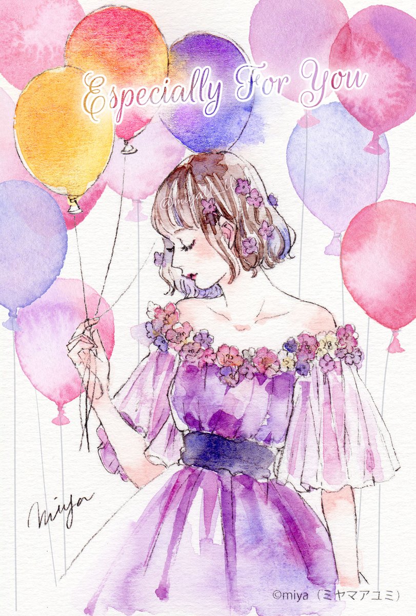 1girl balloon solo dress purple dress brown hair flower  illustration images