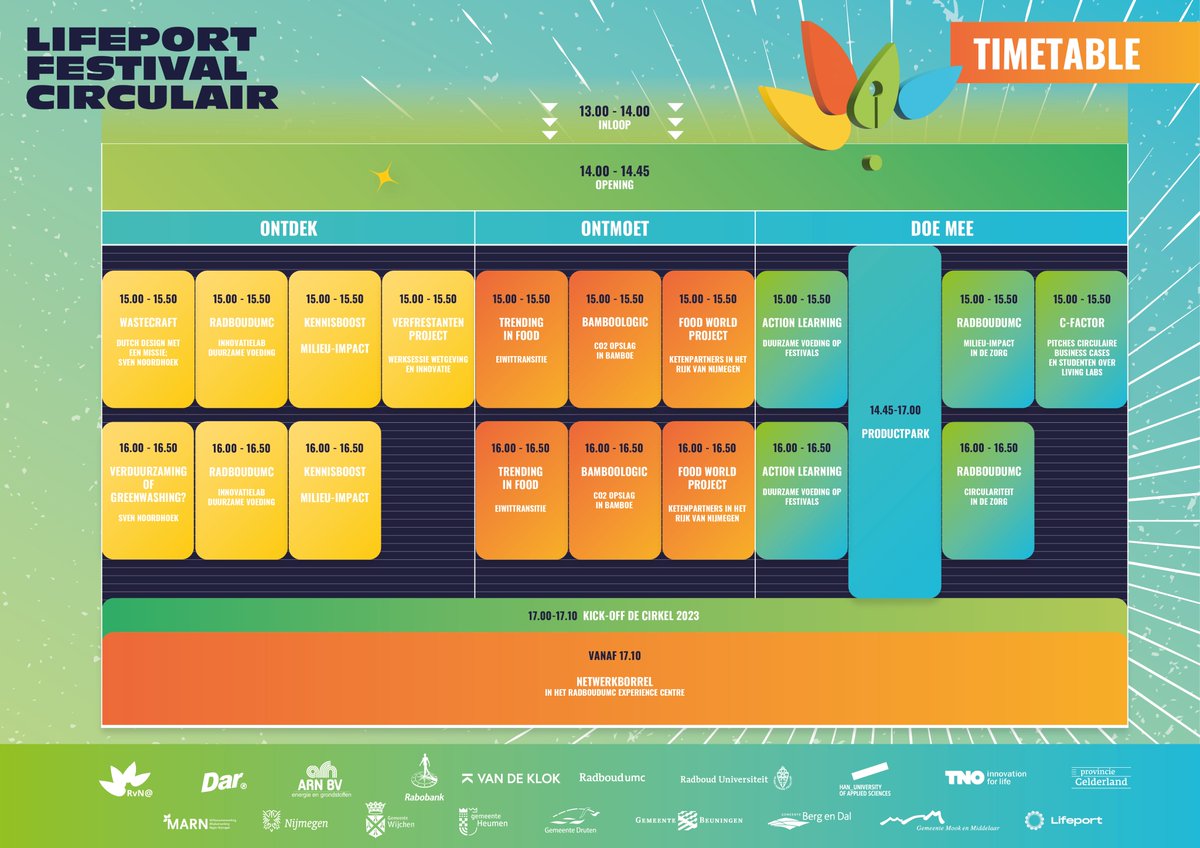 Heb jij het (kleur)rijke circulaire festivalprogramma van 26 juni al bekeken? Ga naar lifeportfestival.nl voor de grote versie en uitgebreidere beschrijvingen. 
#circulair #mkb #innovatiekracht