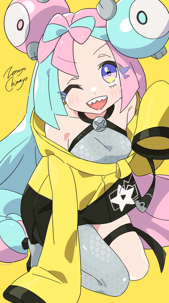 iono (pokemon) 1girl character hair ornament sharp teeth teeth yellow jacket bow-shaped hair solo  illustration images