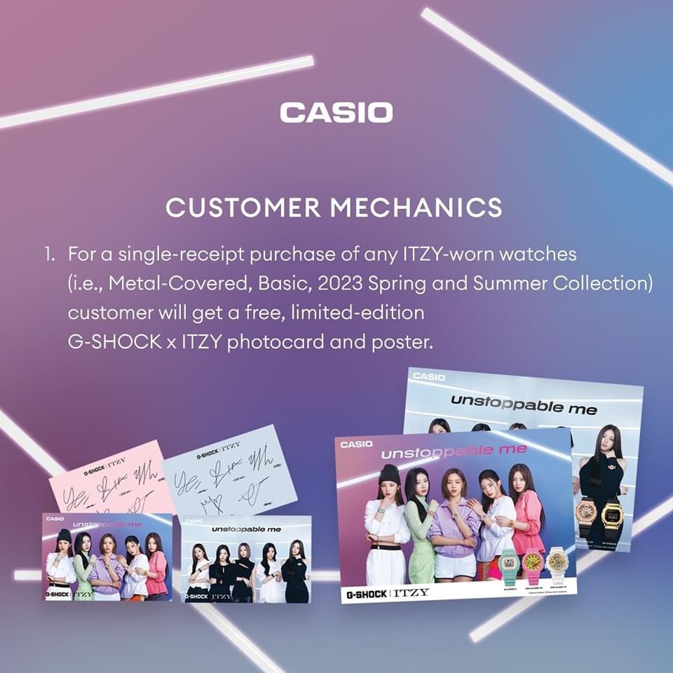 MIDZYs! Get your sneakers on and drop by your nearest authorized G-SHOCK store to get one (1) ITZY photocard and one (1) ITZY poster for every purchase of ITZY-worn G-SHOCK watch 🛒⌚️

Promo runs from June 16 to August 31, 2023.