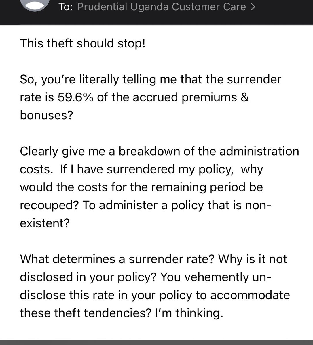 MugabeDarious's tweet photo. Out of Shs.16,860,388 of paid value (inclusive of bonuses) for 3 years, you can only get back Shs. 10,040,365 should you decide to terminate/surrender a policy of 8 years at @PrudentialUG 

@p_muhangi @SpireJim @bmusekese @Obuk_Charles , isn’t this systemic theft?

 Over to you. https://t.co/07Rq5e6UQv