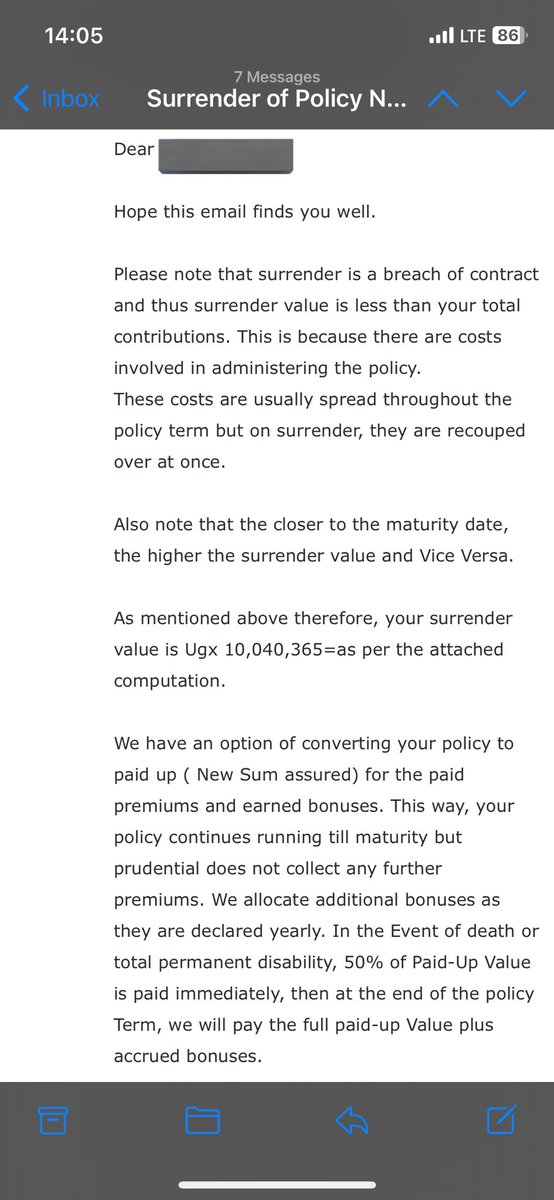 MugabeDarious's tweet photo. Out of Shs.16,860,388 of paid value (inclusive of bonuses) for 3 years, you can only get back Shs. 10,040,365 should you decide to terminate/surrender a policy of 8 years at @PrudentialUG 

@p_muhangi @SpireJim @bmusekese @Obuk_Charles , isn’t this systemic theft?

 Over to you. https://t.co/07Rq5e6UQv