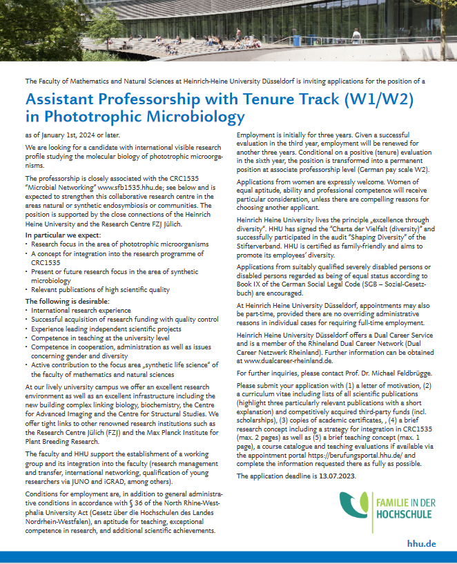 FrunzkeLab's tweet photo. We have an open call @HHU_de
 for an Assistant Professorship with Tenure Track (W1/W2) in Phototrophic Microbiology in the frame of @MibiNet_1535.

Very supportive environment! If you need more information, do not hesitate to contact me.

https://t.co/w6rgE8tRLK https://t.co/3vY2pEGaLV