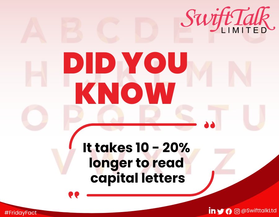 DID YOU KNOW?

It takes 10 - 20% longer to read capital letters.

#SwiftTalkLtd
#InternetServiceProvider
#FridayFact
#EnablingInternetPoweredServices