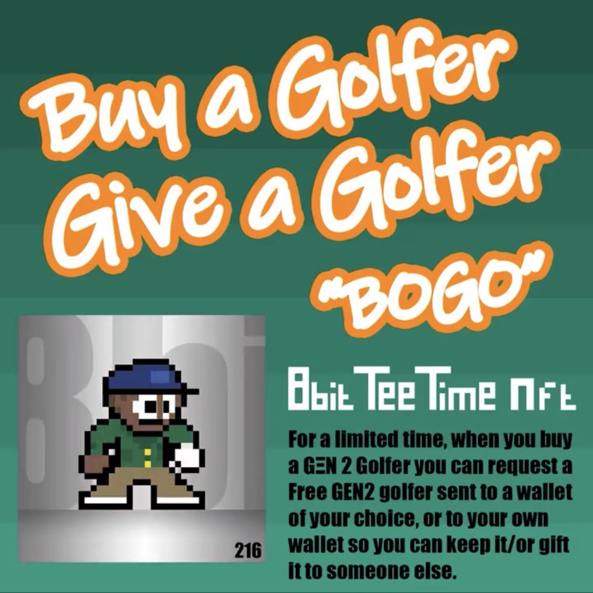 8bitTeeTimeNFT's tweet image. #BuyOne #GiveOne (#BOGO) 

Grab yourself a GEN2 Pixel Golfer and pick a second Golfer to be airdropped to a wallet of your choice! 

#Art + #Golf + #Web3 = #8bitTeeTime

opensea.io/collection/8bi…