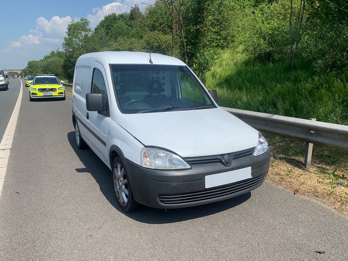 LancsRoadPolice's tweet photo. This van used in attempted theft in @BlackpoolPolice area was stopped on M61. To prevent a pursuit TPAC tactics were implemented with support from @NPASNorthWest The van identified as being on cloned plates with driver unlicensed & uninsured who was arrested #Team4RPU #ForceOps https://t.co/ssZoafLvYY