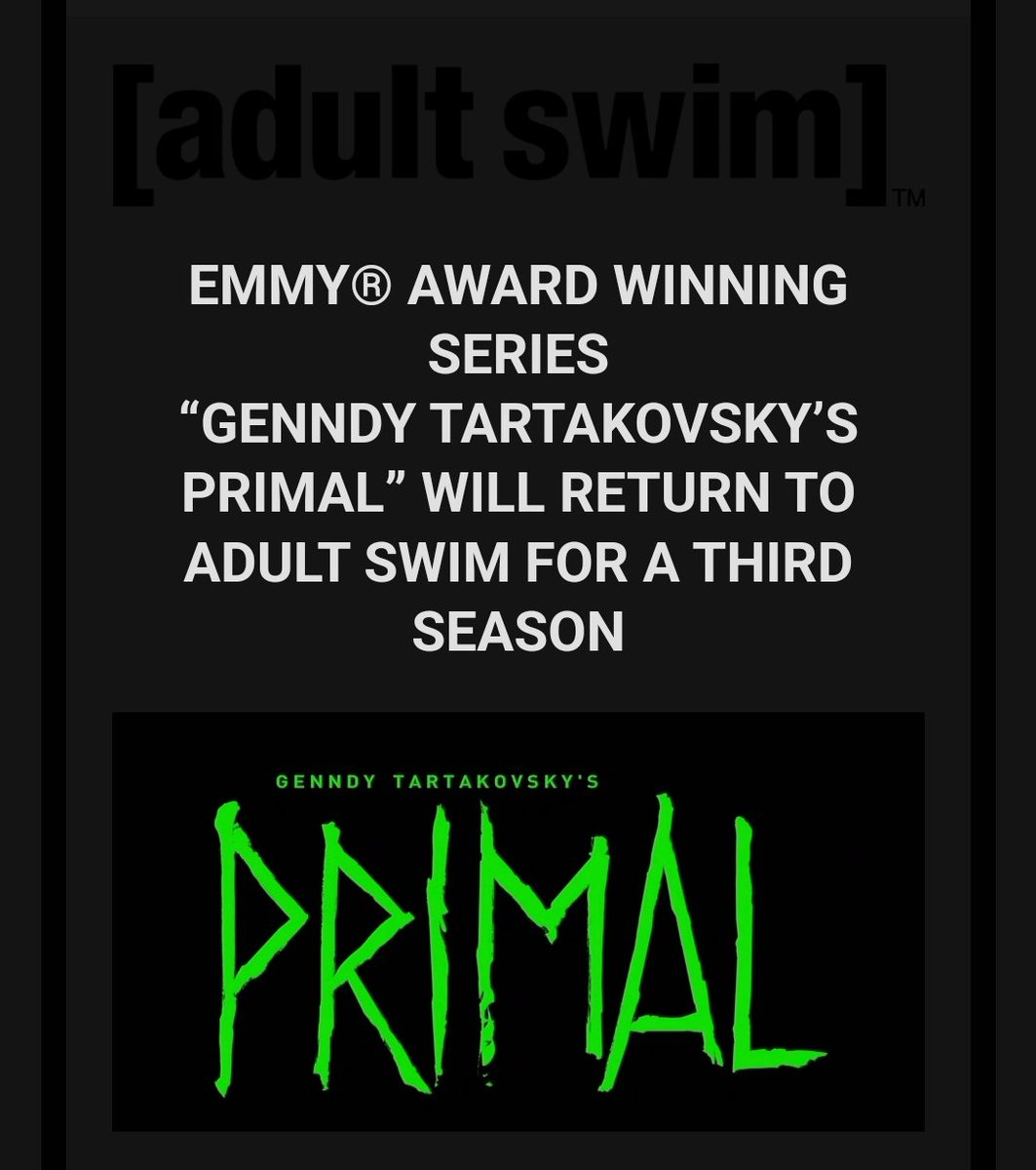 PRIMAL is coming back for season three. LET'S FUCKING GO! Let the Tartakovsky dominance continue!