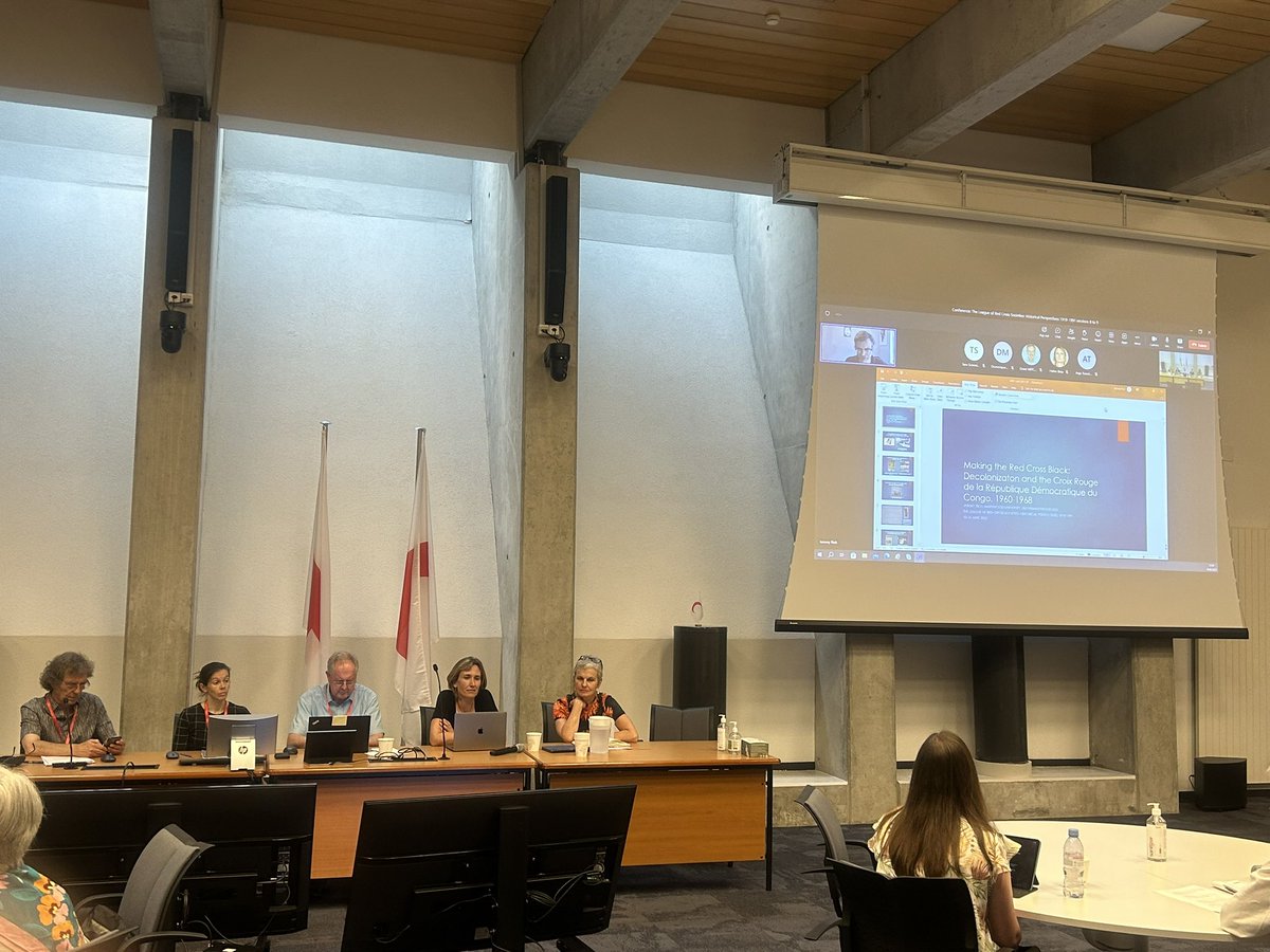 Resilienthum's tweet photo. After a tasty lunch at the IFRC cafeteria, we begin Session 8 with a paper by Jeremy Rich titled ‘Making the Red Cross Black: Decolonization and the Croix Rouge de la République Démocratique du Congo, 1960-1966 https://t.co/GZHOLjeBzV
