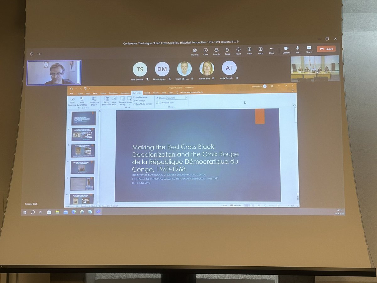 Resilienthum's tweet photo. After a tasty lunch at the IFRC cafeteria, we begin Session 8 with a paper by Jeremy Rich titled ‘Making the Red Cross Black: Decolonization and the Croix Rouge de la République Démocratique du Congo, 1960-1966 https://t.co/GZHOLjeBzV