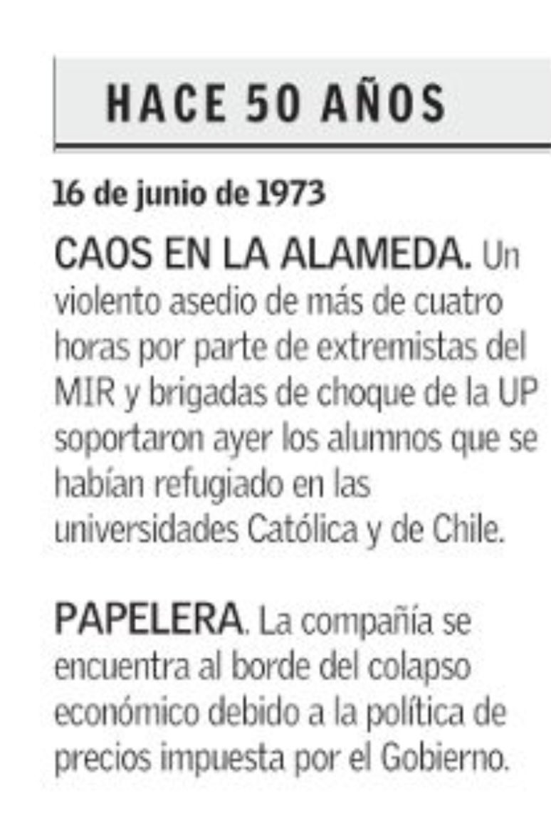 cleovar's tweet photo. El Mercurio/Nunca será suficiente recordar que Chile celebrará en septiembre los 50 años de la Liberación Nacional por parte de las FFAA y de Orden del año 1973. Sin esos verdaderos patriotas que fieles a su juramento cumplieron con su deber de terminar el caótico Gob. de Allende https://t.co/6KQ9ds2gAX