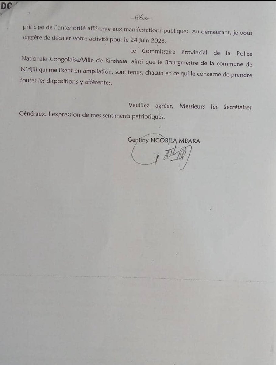 petertiani007's tweet photo. #RDC: Le Gouverneur Gentiny NGOBILA interdit Le meeting de l’Opposition prévu ce samedi à Kinshasa et propose unilatéralement aux leaders de l’opposition d'organiser leur meeting le 24 juin 2023. https://t.co/eXvbZq7tZY