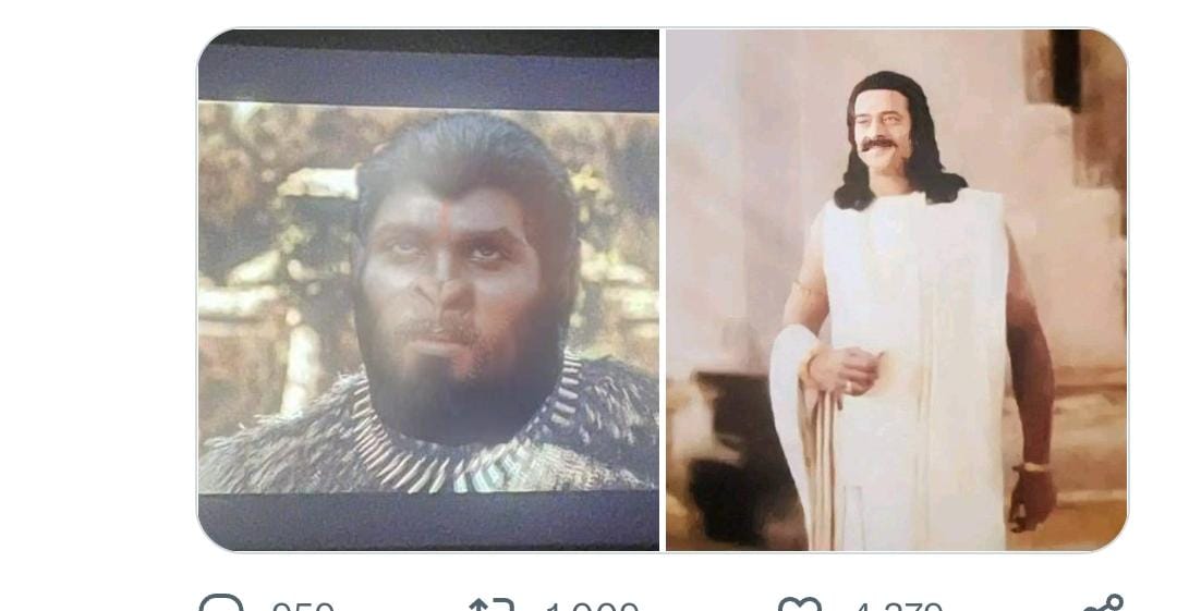 vchavan11's tweet photo. #AdipurushReview
If this is how you're portraying the lord rama . Lankesh and Vanar sena ..Then this is a huge disrespect to the story of Ramayana and I'm disgusted to see this kind of portrayal. I urge everyone to retweet  #BanAdipurush . This doesn't even deserve ott release. https://t.co/KepRhhSA2o