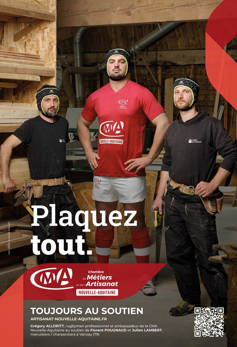 ggomez_cma's tweet photo. 🏉Très heureux de vous présenter les visuels de notre campagne d’affichage «Toujours au soutien». Elle met en scène notre égérie Gregory Alldritt avec 4 de nos collègues #artisans accompagnés par la CMA et mêle avec humour les codes du rugby et de l’artisanat. 🏉
@CMA_NAquitaine https://t.co/1ZCLIJWsL7