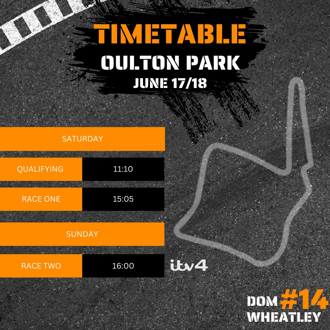 Timetable for this weekend at Oulton Park.

⏱️ As always, all the sessions are available on TSL.

📺 Race 2 on Sunday will be live on ITV4

#gravesmotorsport #jcw #btcc #motorsport #MiniChallenge