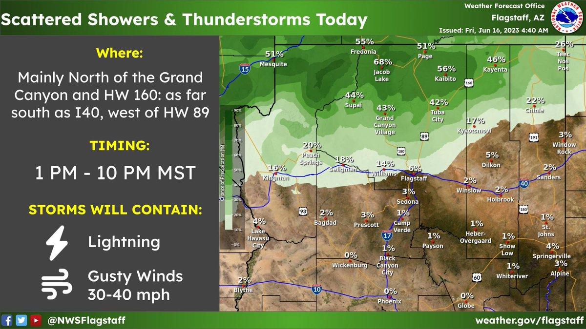 NWSFlagstaff's tweet photo. Scattered showers and thunderstorms develop this afternoon and evening in northern Arizona, mainly north of the Grand Canyon and HW 160, but could develop as far south as I40, west of HW 89. Gusty winds 30-40 mph and lightning will be the main threats with these storms. #azwx https://t.co/X3GtzsYHEN