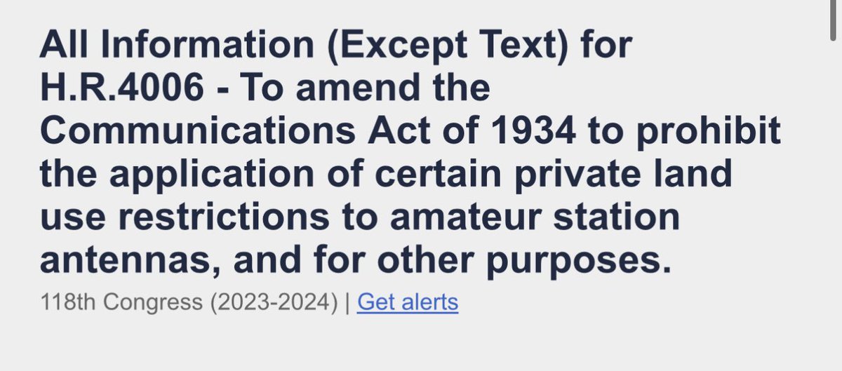 Earlier this week HR 4006 was introduced that would amend the Communications Act of 1934 to protect #HamRadio operators from antenna restrictions in HOAs. This is good for everyone! 

Bill text isn’t available yet. 

Link to bill: tinyurl.com/mryketv8