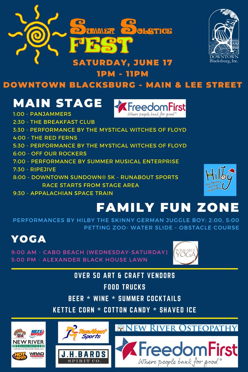 Join us in Downtown Blacksburg on Saturday for the 15th Annual Summer Solstice Fest!  

Main &amp; Lee Street, 1 pm-11pm