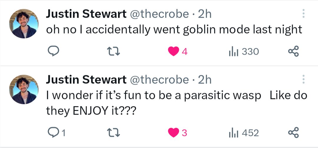 colinmhen's tweet photo. @thecrobe back to back tweets strongly implying that you may have become a parasitic wasp?? https://t.co/cnfwj6gb1b