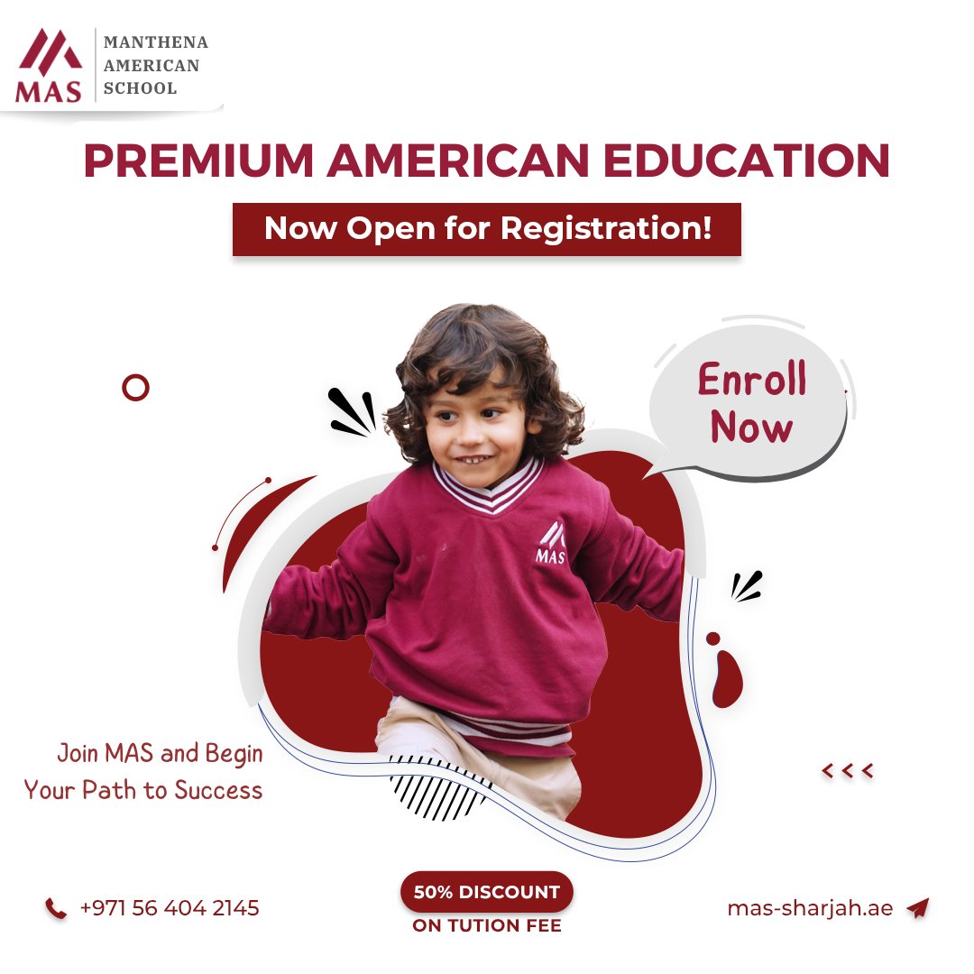 MASsharjah's tweet photo. ๐ Join MAS for premium American education. Enroll now with a limited-time 50% tuition fee discount for the academic year 2023 - 2024
Unlock your path to success!
๐ง info@mas-sharjah.ae
๐ +971 56 404 2145
๐ https://t.co/lzSkO1Ax0h
#JoinMAS #EnrollNow #PremiumEducation https://t.co/FL5xP0oBi3