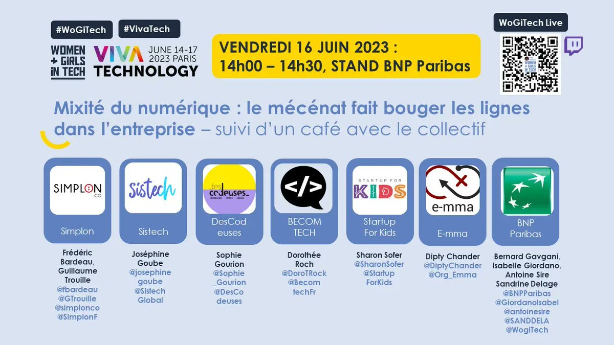 (#WoGiTech / #VivaTech) Découvrez notre live-tweet @VivaTech sur la mixité du numérique ⬇️  #BNPPAdvance

🗣️ @simplonco
🗣️ @SistechGlobal
🗣️ @DesCodeuses
🗣️ @BecomtechFr
🗣️ @StartupForKids
🗣️ @Org_Emma
🗣️ @BNPParibas @GiordanoIsabel @antoinesire @SANDDELA @EliseHermant