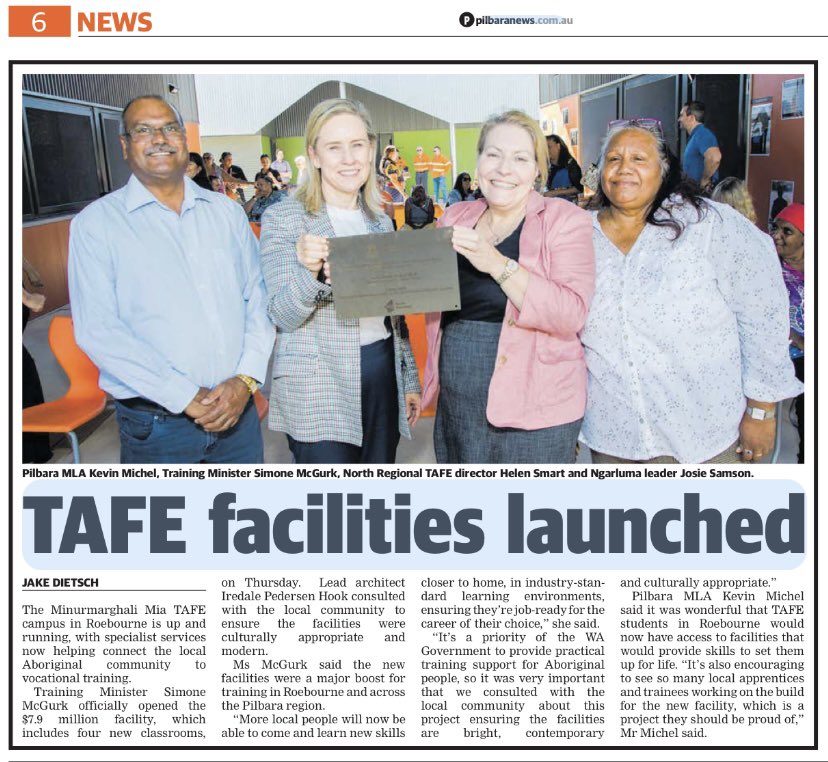 LyndaFrench19's tweet photo. #TAFE Facility launched in #Roebourne in WA #Pilbara. This will Assist #Indigenous Communities
In Vocational Training #WALabor #voced #wapol https://t.co/MBcYGMvi9L