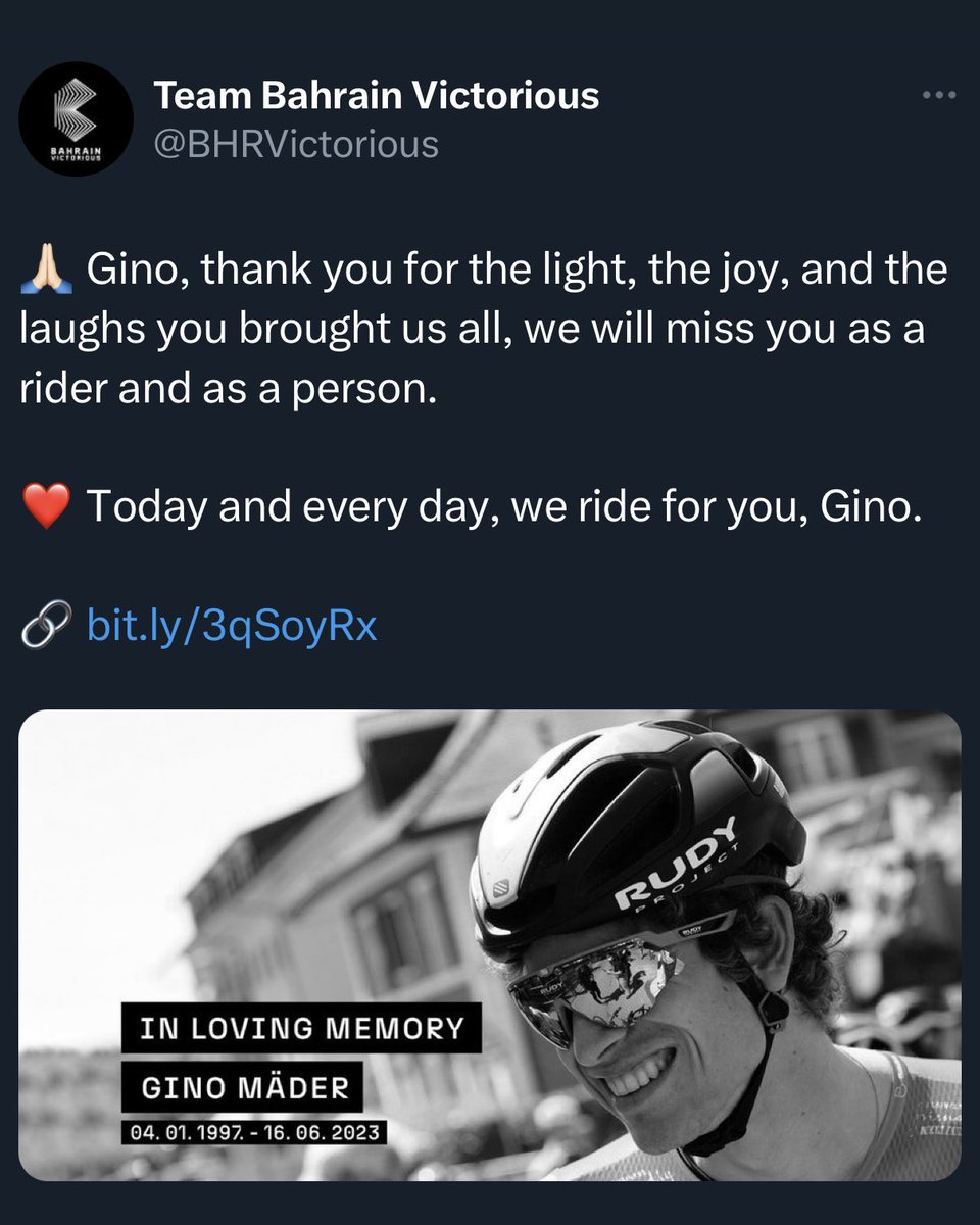 💔
Today we lost a colleague, a man, a rider, & most of all, a friend. 
My heart is broken, as are all at @BHRVictorious 
We #RideAsOne & we #RideForGino
#ginomader

Love you man. Rest good. You were 1 of the good guys
Today & every day, we ride for you, Gino