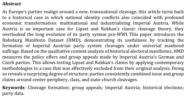 Woke up this morning to learn that my latest article with @edinaszocsik & Christina Zuber, 'Lipset and Rokkan’s Missing Case: Introducing the Habsburg Manifesto Dataset', will be published in Party Politics! @IWM_Vienna @FulbrightHU @Fulbright_AUT @AdrianCollege @UniKonstanz